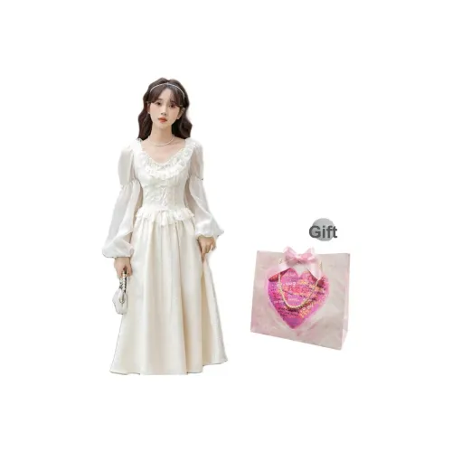 Cosyism Длинное платье с длинными рукавами женское абрикосового цвета