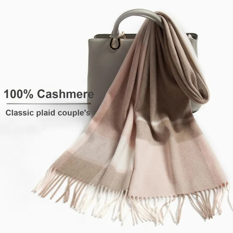 Shanghai Story 100% Cashmere Knit Scarves Unisex Beige And Orange Check Gift Box Set-11