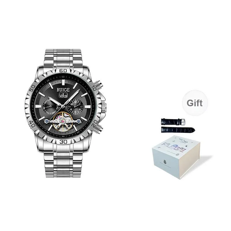RUIGE Mechanical Movement Stainless Steel Watchband Men's Watches Blue Dial-5