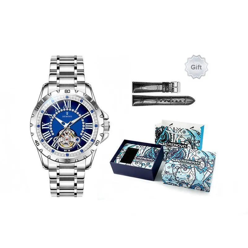 RENOVO Automatic Mechanical Movement Stainless Steel Watchband Watch Men's Watches Blue Dial-10