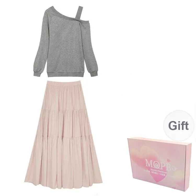 MOPB Skirt Set Women's Top Gray+Bottom Pink-1