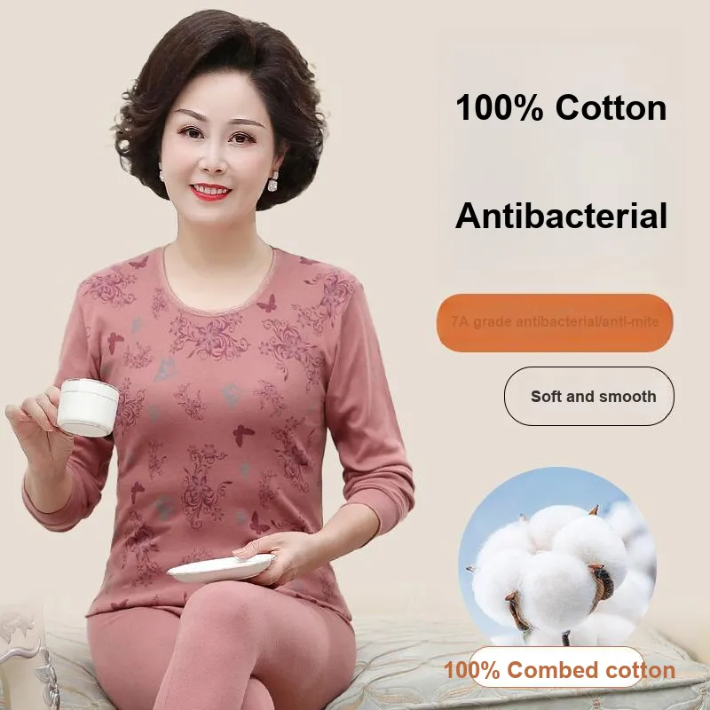 Cotton Gene Thermal Set Women's Apricot Peach Blossom-4
