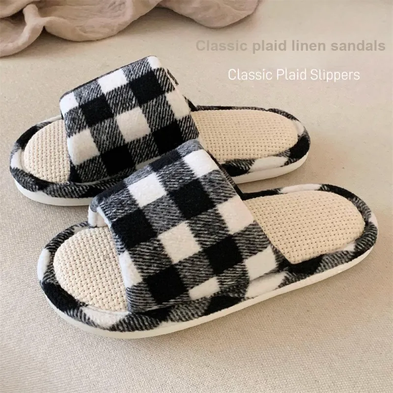 SHIGUDE Linen Slippers Women's Black-4