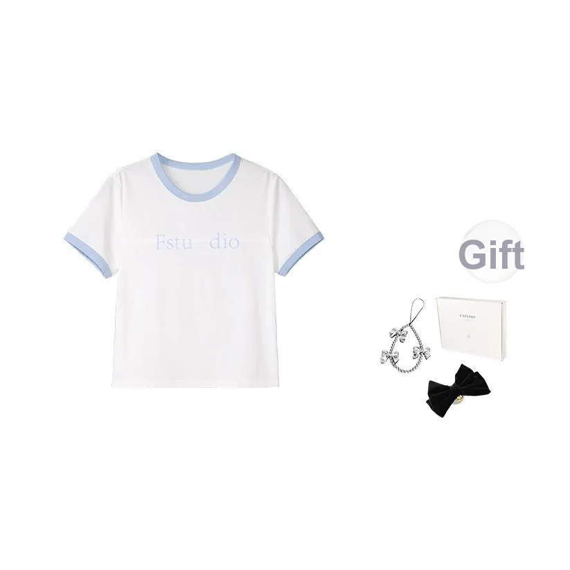 Fstudio Короткий рукав Лето Корейский стиль Круглый вырез С принтом Цветовой блок Буква T Рубашка Женская