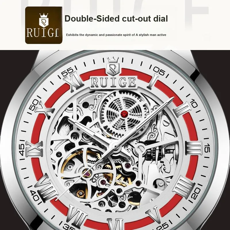 RUIGE Automatic Mechanical Movement Stainless Steel Watchband Watch Men's Watches Cut-Out Dial-4