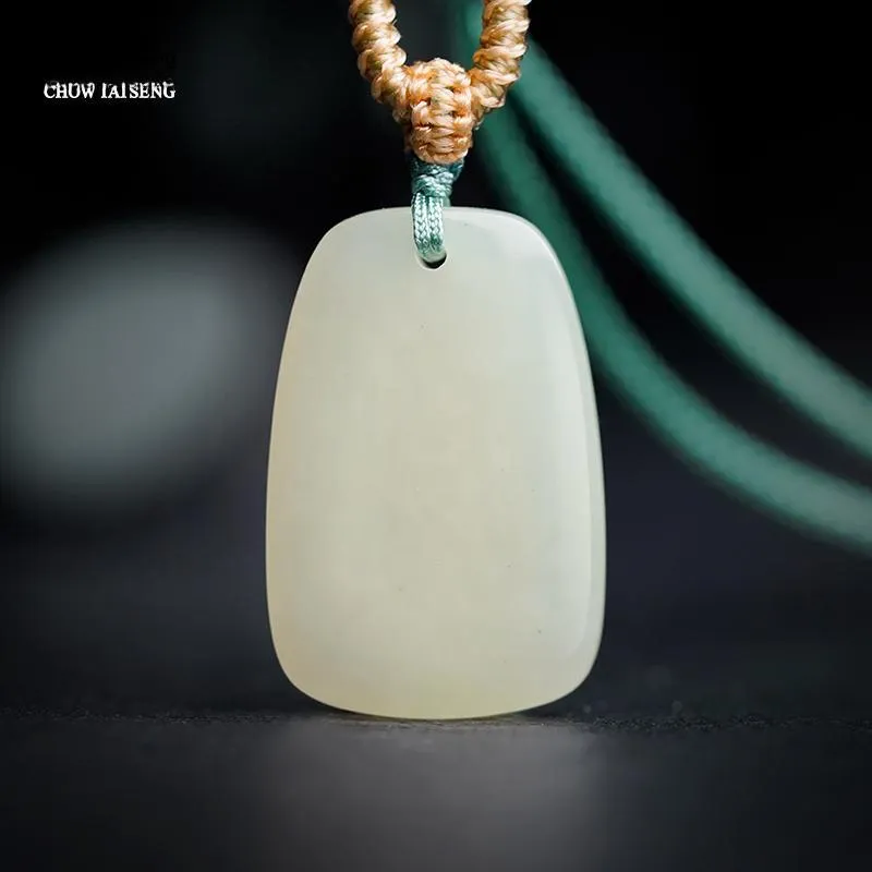 CHOW TAI SENG Hetian Jade Necklace Pendant, Everyday Travel Peaceful Versatile Style Pale Greenish White Jade Unisex-1
