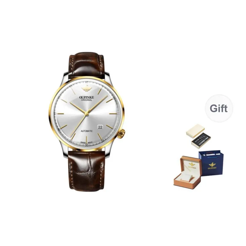 Oupinke Balmont Collection Extra Thin Mechanical Movement Leather Strap Watch Men's Watches White Dial-16