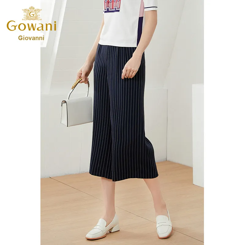QIAOWANNI Casual Pants Women's Blue And White Stripes Pattern-5