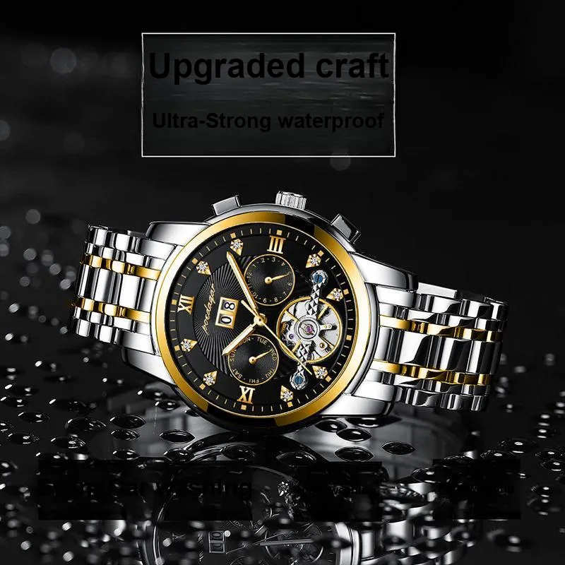 POEDAGAR Mechanical Movement Stainless Steel Watchband Men's Watches Black Dial-44