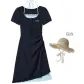Navy Blue Long Dress+Cut-Out Beach Hat