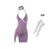Purple Cheongsam+T Pants+White Lace Stockings
