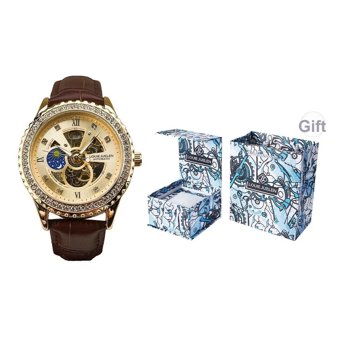 LOUIE JUELEN Механическое механическое часы с натуральной кожей ремень мужские часы золотой циферблат