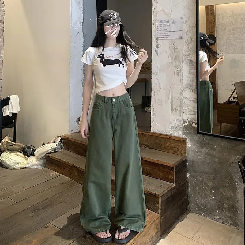 TIBINB Jeans Women's Army Green Wide Leg Pants-2