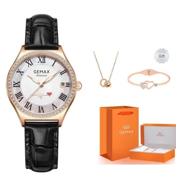 GEMAX Wrist Watch Automatic Mechanical Movement Genuine Leather Strap Watch Women's Watch White Dial