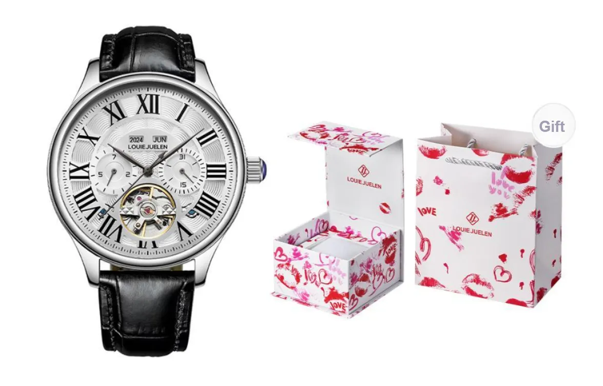 LOUIE JUELEN Automatic Mechanical Movement Genuine Leather Strap Watch Men's Watches White Dial
