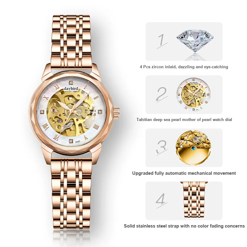 DAYBIRD Automatic Mechanical Movement Watch Women's Watch Cut-Out Dial-2