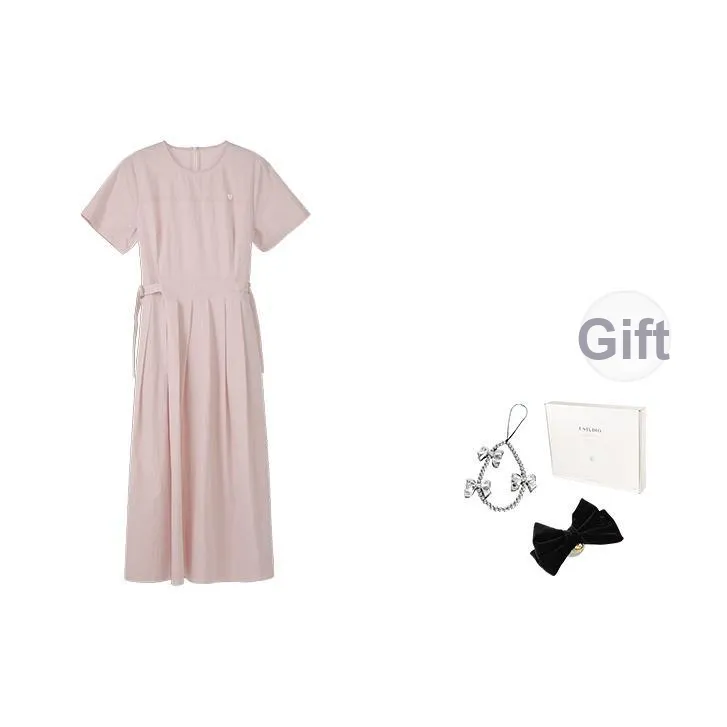 Fstudio Корейский стиль Сладкий стиль Атмосфера Минималистский стиль Однотонный Короткий рукав Платье Женские Розовый