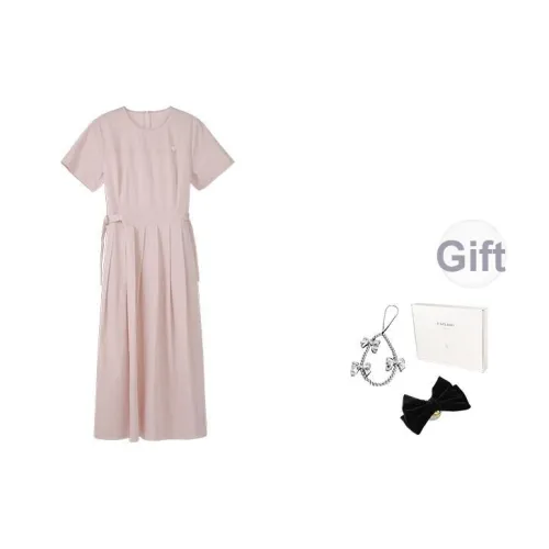 Fstudio Корейский стиль Сладкий стиль Атмосфера Минималистский стиль Однотонный Короткий рукав Платье Женские Розовый