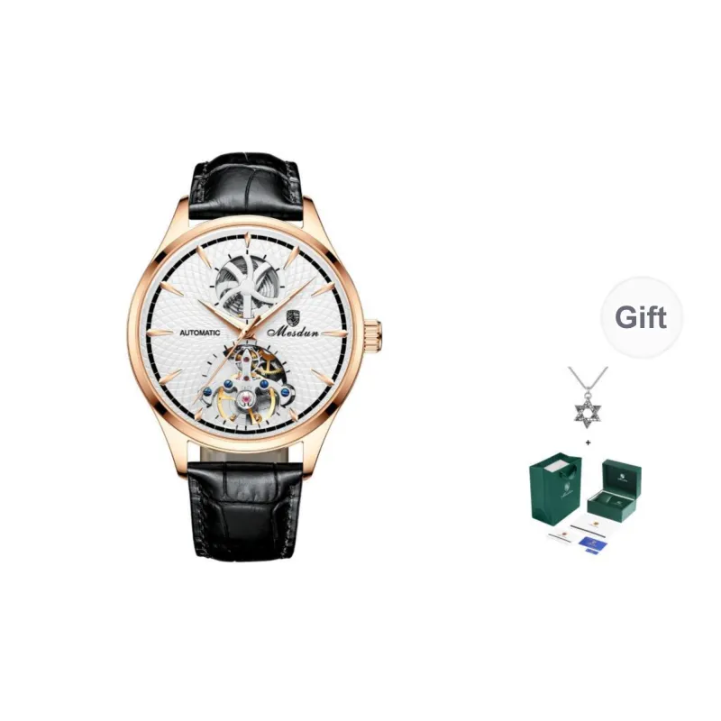MESDUN Mechanical Movement Genuine Leather Strap Watch Men's Watches Silver Dial-1