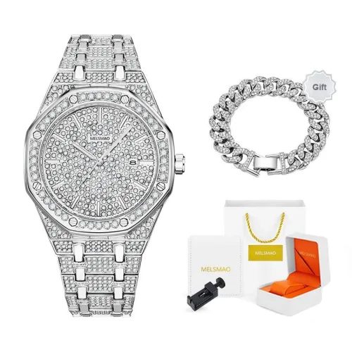 MELSMAO Luxurious Baby
s Breath Men
s Wrist Watch Quartz Movement Alloy Strap Watch Men
s Watches Silver Dial