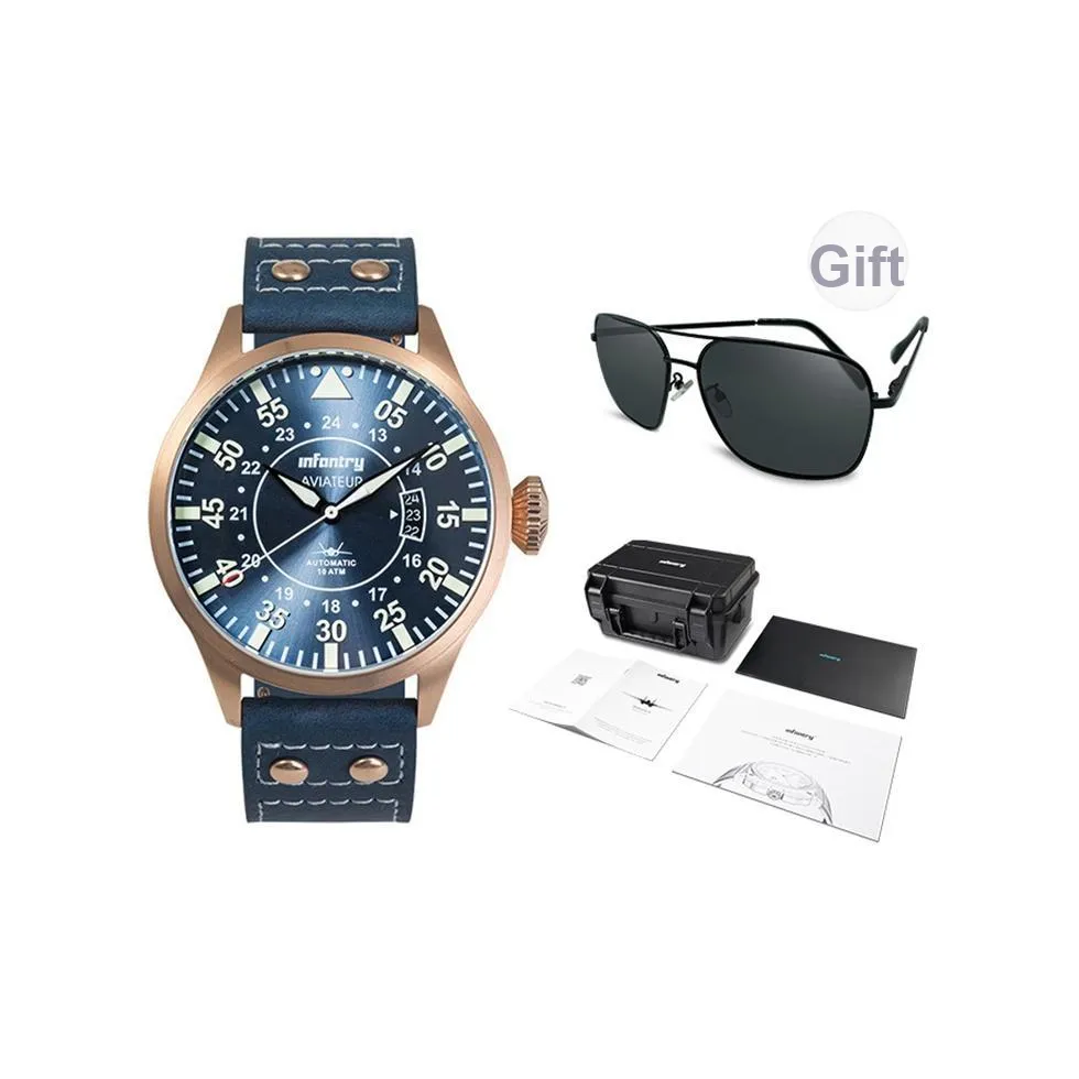 INFANTRY Pilot Collection · Explorer Механическое устройство натуральная кожа ремешок часы мужские синий циферблат