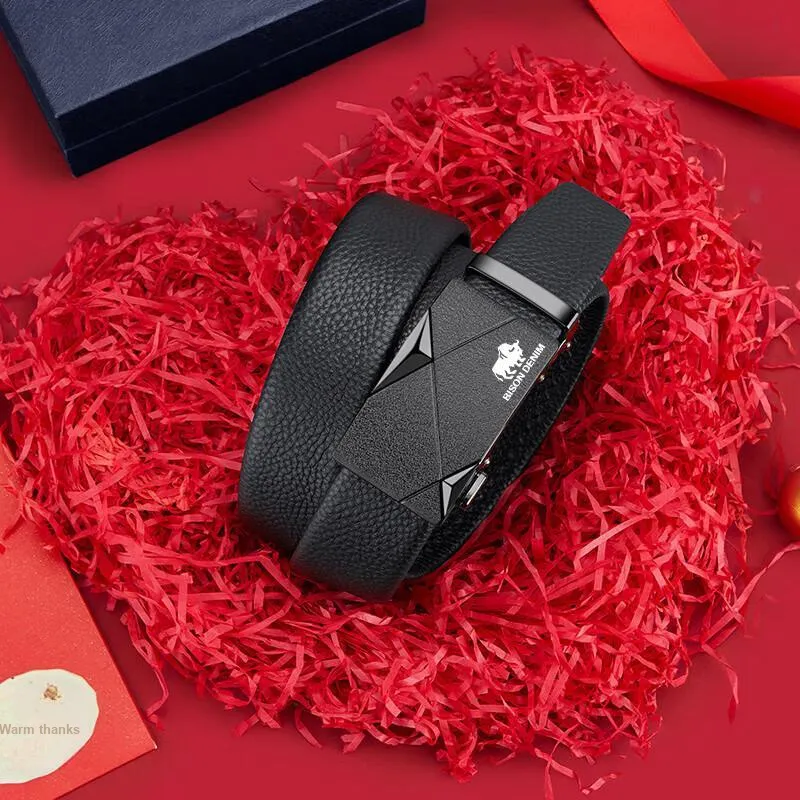 BISON DENIM New Arrival Business Casual Style Top Grain Cow Leather Automatic Buckle Belt Men's Width 3.5cm-2