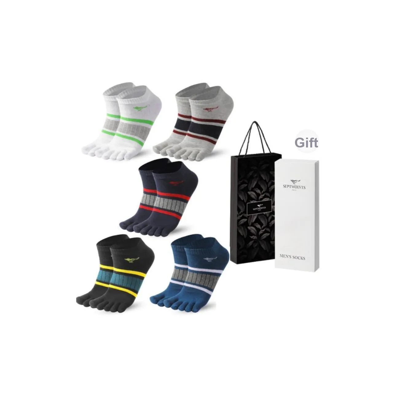 SEPTWOLVES Ankle Socks Men's 5 Pack Gift Box Set+Shopping Bag