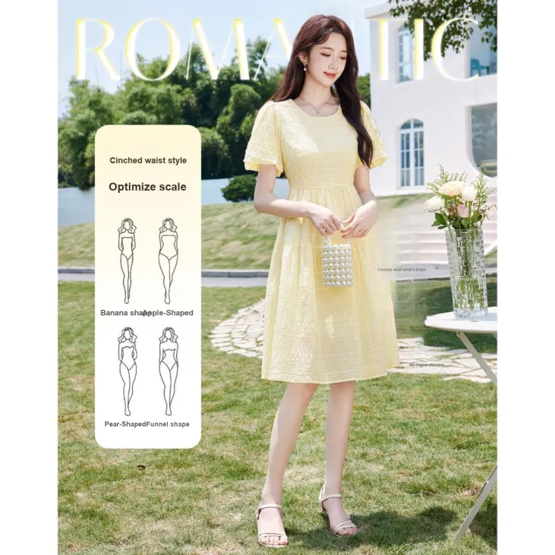 Like The Age Of Water Short Sleeved Dress Slim Fit Women's Yellow-3