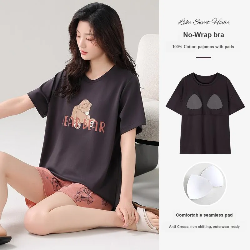 NOME Spring Summer 100% Cotton Pajamas, Short Sleeved Shorts Women's Two Piece Set-5