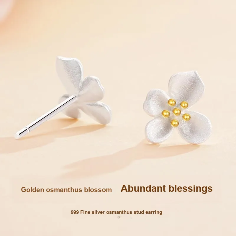 Zhenhui Silver S999 Fine Silver Stud Earrings Women's-2
