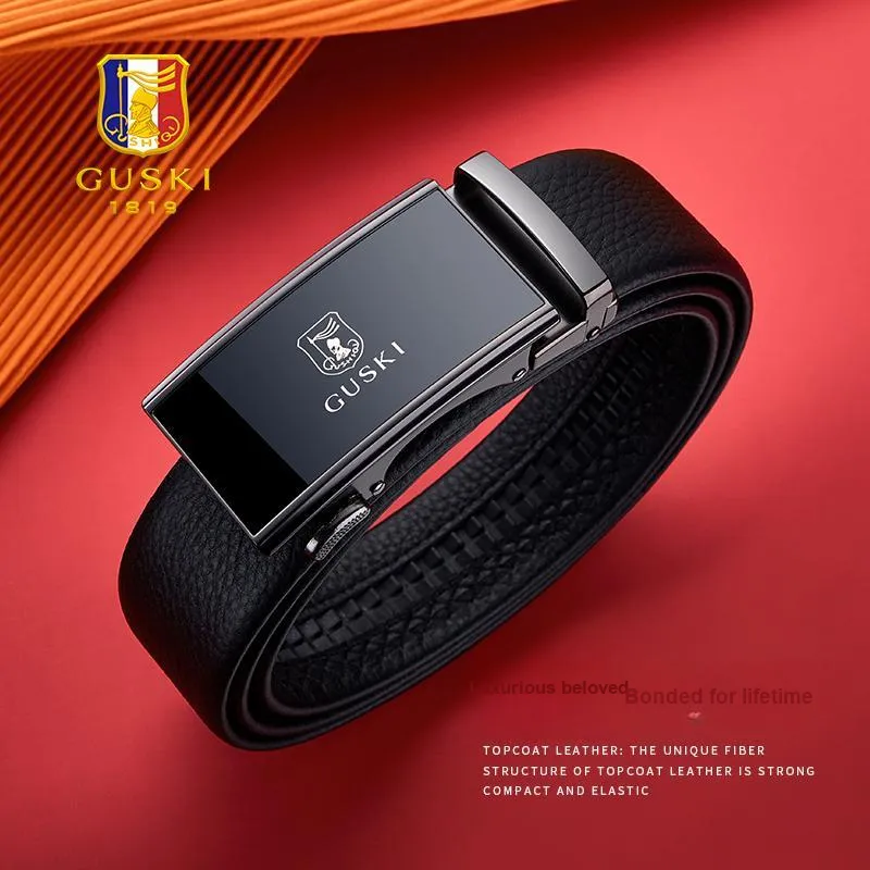GUSKI Top Grain Cow Leather Automatic Buckle Belt, Premium Elegance Genuine Leather Belt Men's Gunmetal Width 3.5cm-3