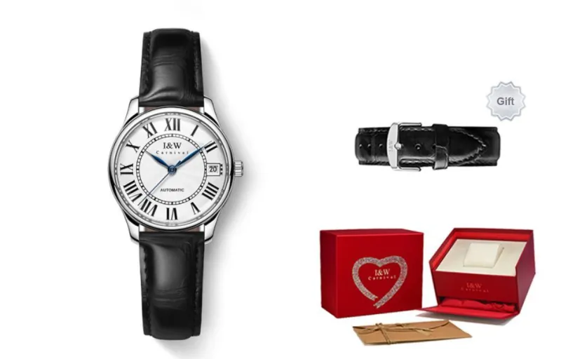 I&W CARNIVAL HWGUOJI Automatic Mechanical Movement Genuine Leather Strap Watch Unisex White Dial-4