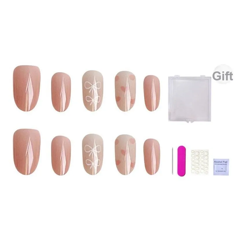 ORANOT Миндаль Светло-розовый Бант Кошачий глаз Сердце False Nail Короткий LADDER 14mm