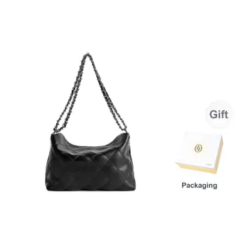 FERIA Cow Leather Diamond Pattern Soft Cushion Shoulder Bag Medium Size Women's Black/Brown