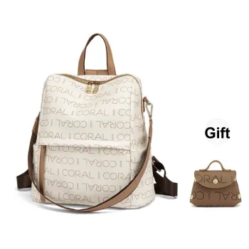 CORALDAISY Synthetic Leather Backpacks Backpack Regular Unisex Ecru/Burgundy/Coffee