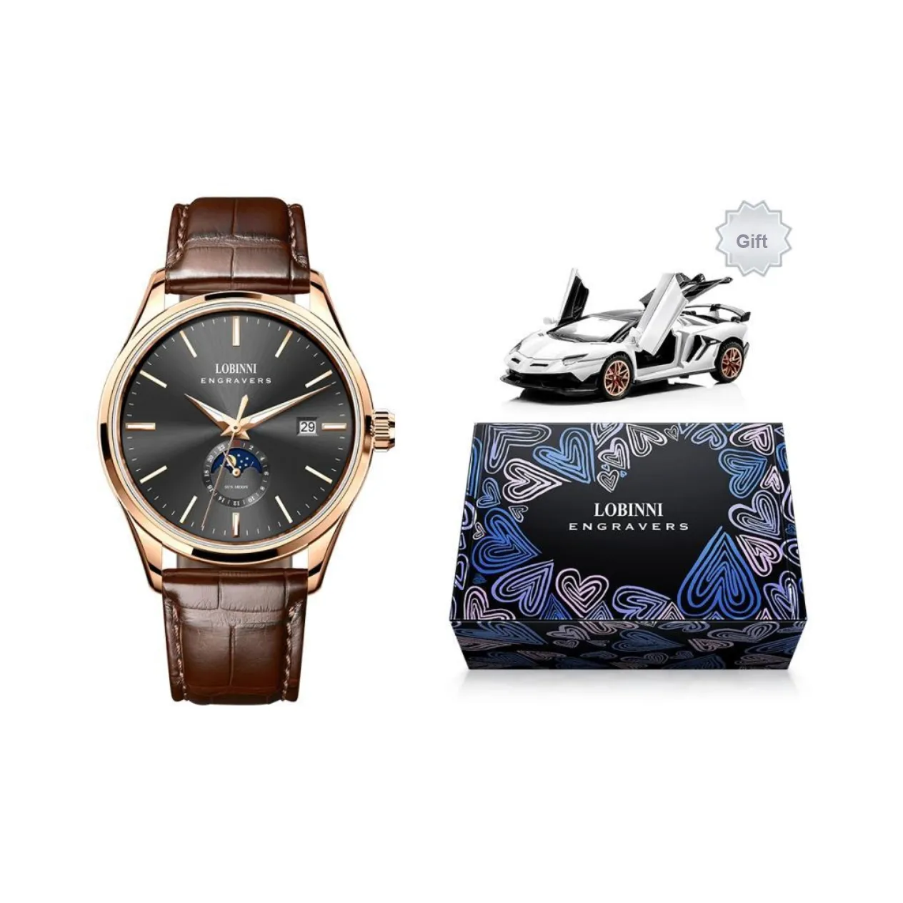 LOBINNI L Men's Wrist Watch Automatic Mechanical Movement Cowhide Strap Watch Men's Watches White Dial