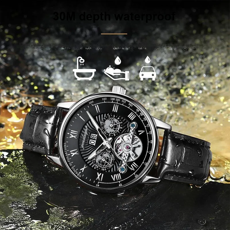 POEDAGAR Automatic Mechanical Movement Leather Strap Watch Men's Watches Gold Dial-17