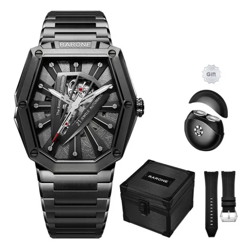 RARONE Knight Laser Knight, Night Black Mechanical Movement Stainless Steel Watchband Watch Men's Watches Cut Out Dial
