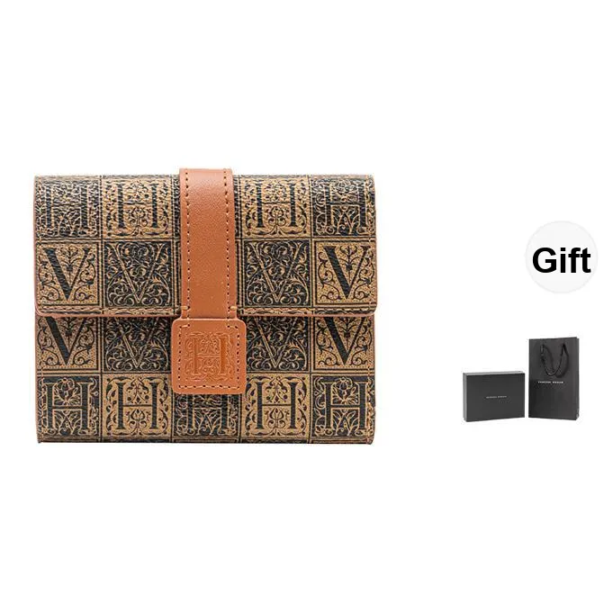 VANESSA HOGAN Cow Leather Clutch Coin Purse Money Clip Wallet Small Size Women's Green/Dark Brown Gray/Yellow Brown