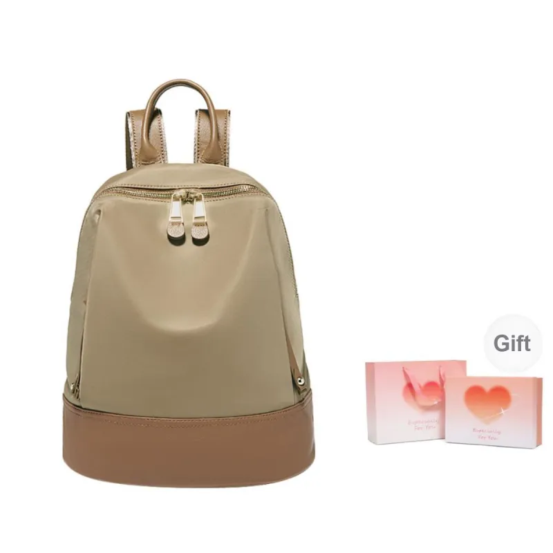 Marino Orlandi Fabric With Leather Patchwork Nylon Fabric Backpack Medium Size Women's Black/Khaki/Apricot-34