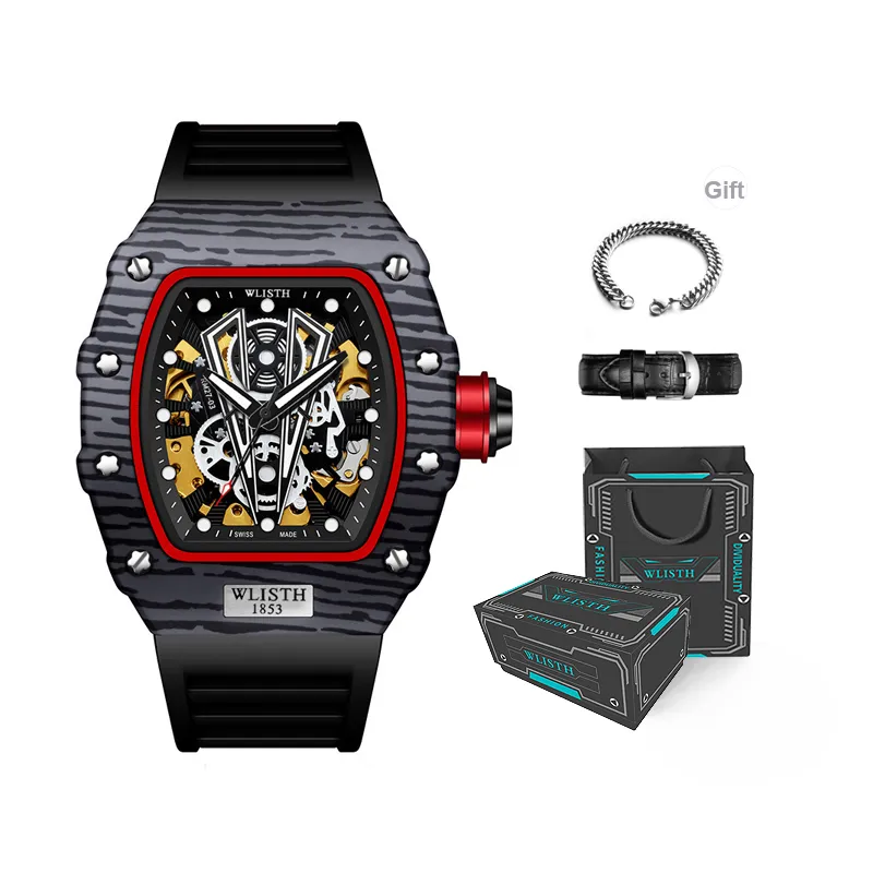 WLISTH Barrel Shaped Men's Wrist Watch Mechanical Movement Rubber Strap Watch Men's Watches Black Dial-0