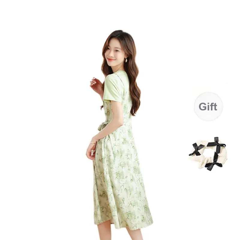 TORIGHT Short Sleeved Dress Women's Bamboo Leaf Green+Bowknot Hair Tie Comes With-1