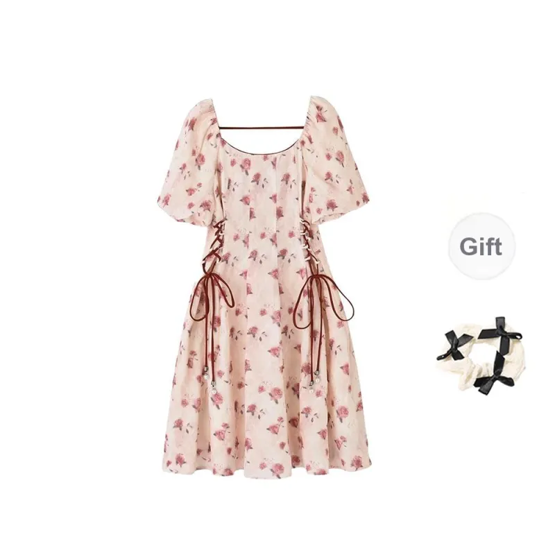 TORIGHT Short Sleeved Dress Women's Red+Bowknot Hair Tie Comes With-0