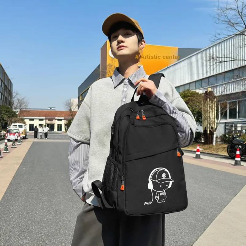MOK Nylon Backpack Regular Unisex Pure Black/White/Blue/Black-2
