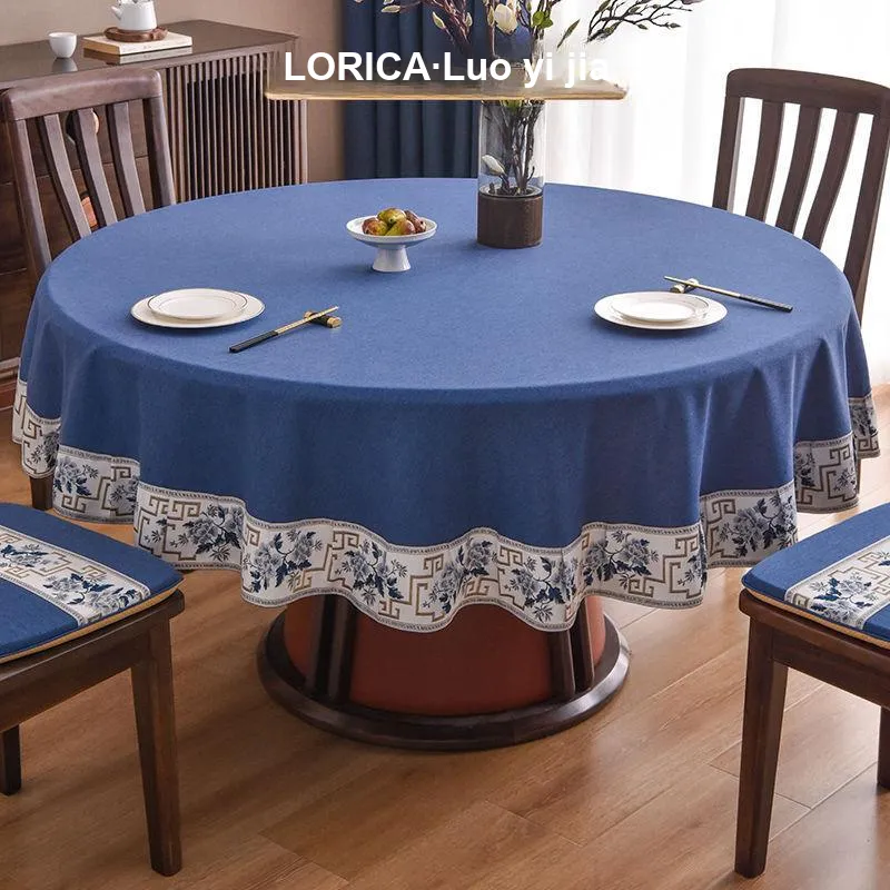 LUOYIJIA Fabric Ambient New Chinese Style Waterproof No Wash Fabric Large Round Dining Table For Home Use-1