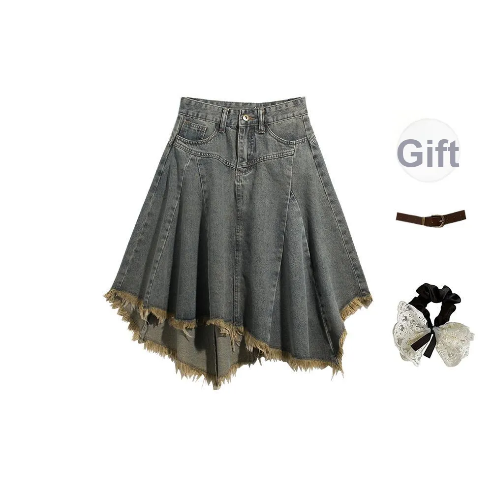 PAVEA Denim Long Skirts Women's Distressed Color+Belt+Hair Tie Comes With
