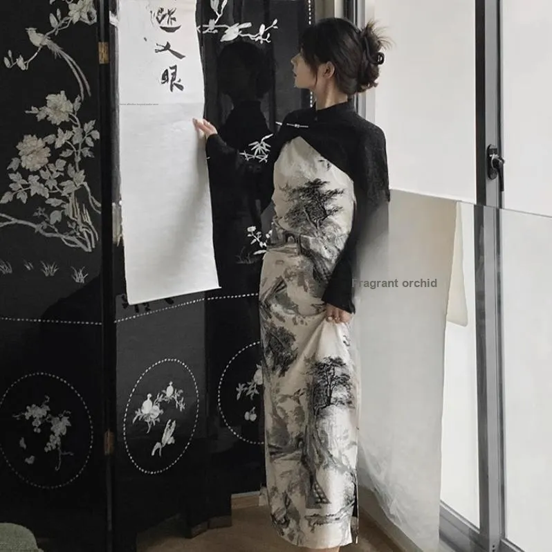 INTERPHASE Skirt Set Women's 'Ji Night' Cheongsam Coat+Ink Wash Camisole Dress-1