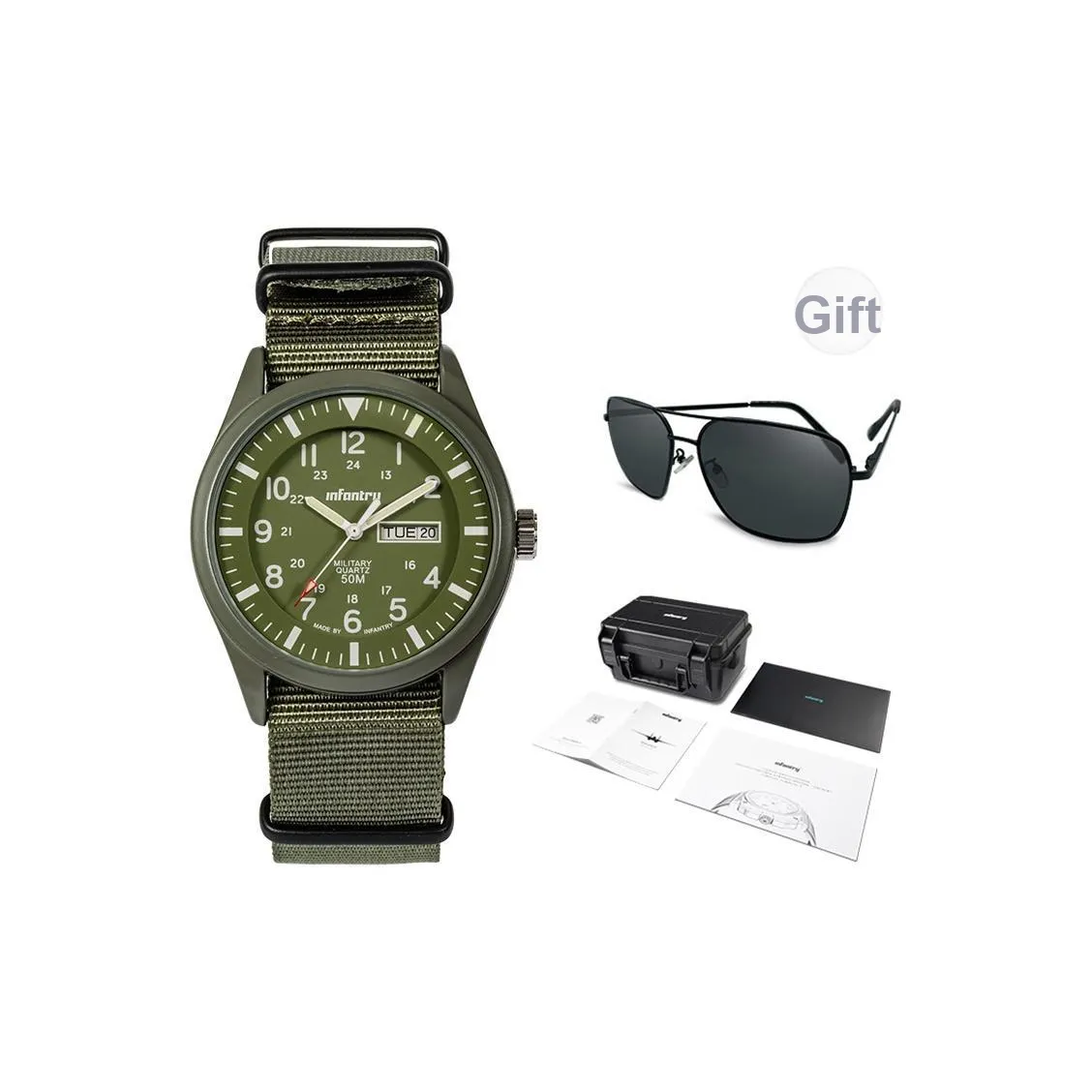 INFANTRY Pilot Collection · Adventurer Кварцевый механизм Нейлоновый ремешок Часы Мужские Зеленый циферблат