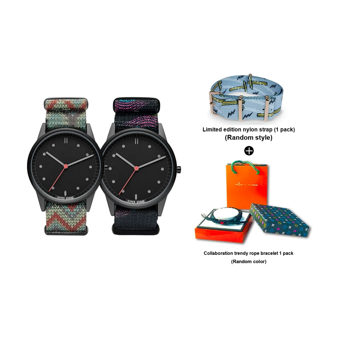 HYPERGRAND Watch Кварцевый механизм Нейлоновый ремешок Черный циферблат Унисекс NW01MUTI+NW01OASI