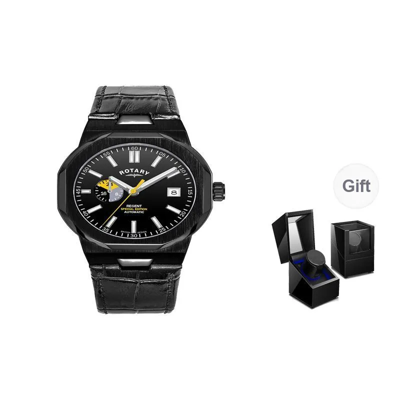 ROTARY Wrist Watch Automatic Mechanical Movement Genuine Leather Strap Black Dial Men's Watches-23